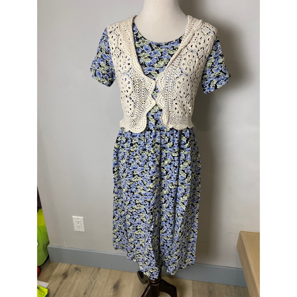 Carol Anderson Vintage 90s Floral Dress Crochet Vest Set Blue Cottagecore Petite
